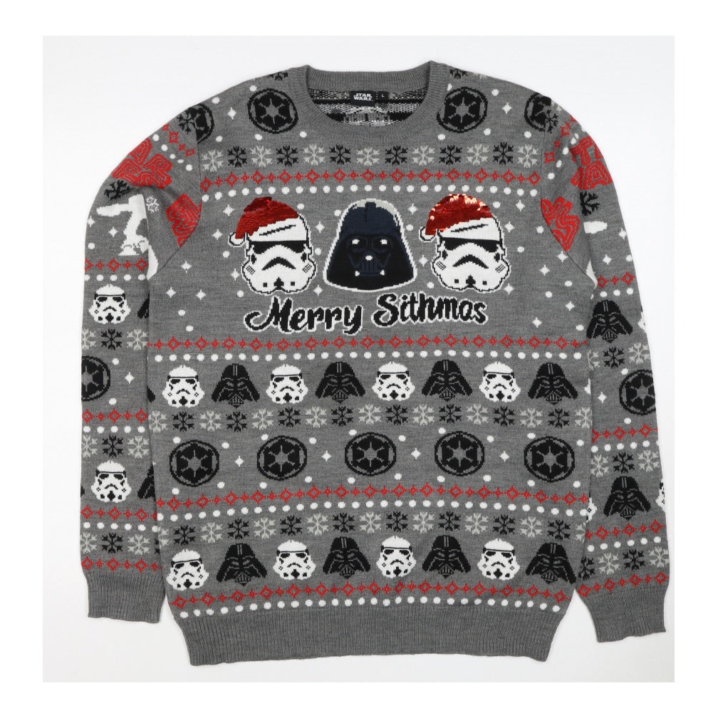 Star Wars Men Grey L Christmas Darth Vader Sequin Fair Isle Jumper