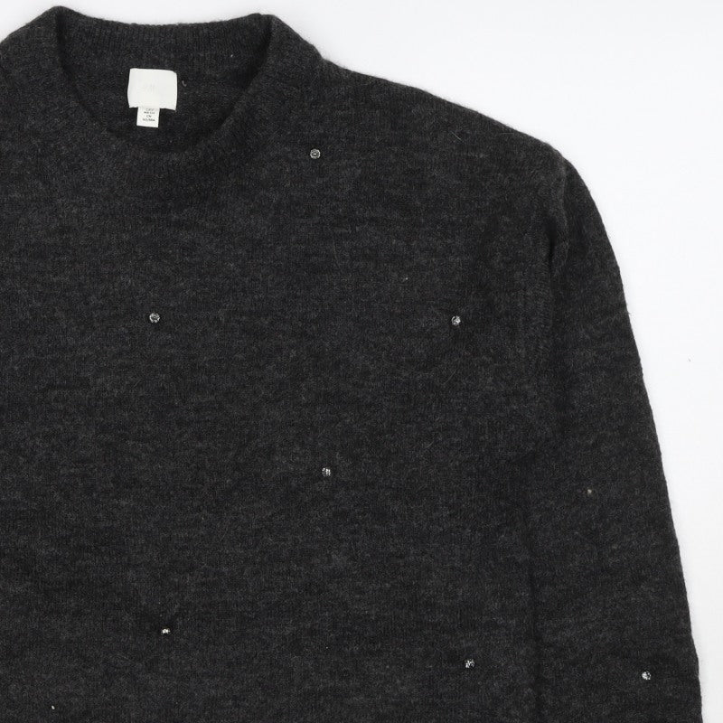 H&M Women Grey Size 10 Jewel Detail Crew Neck Knit Jumper
