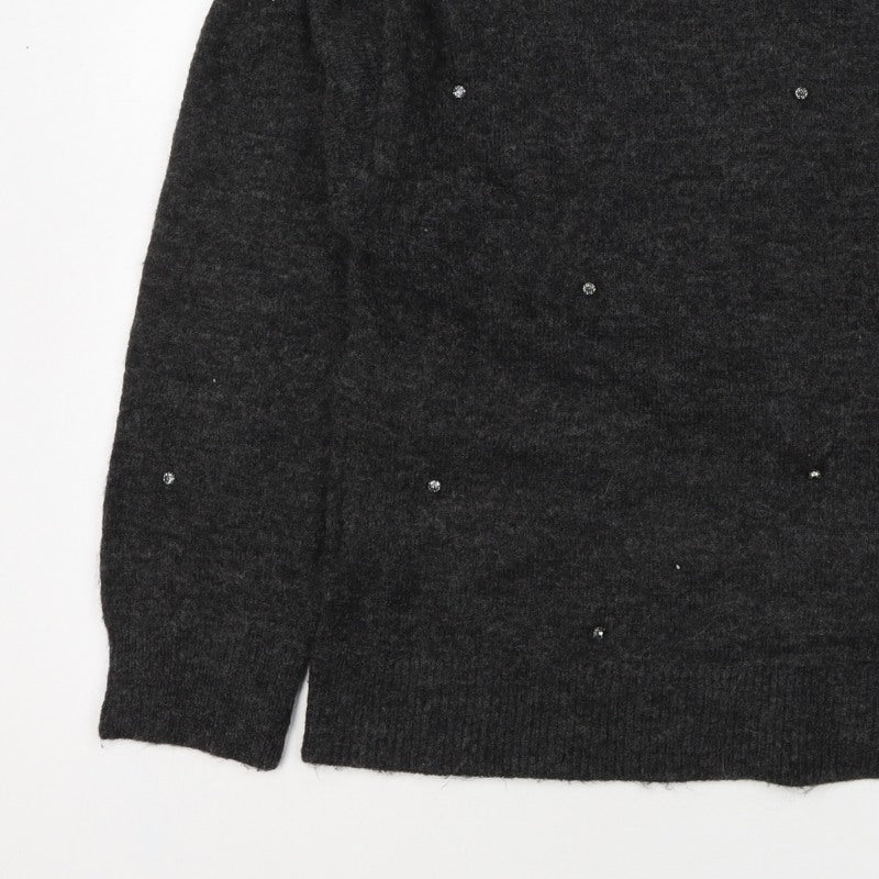 H&M Women Grey Size 10 Jewel Detail Crew Neck Knit Jumper