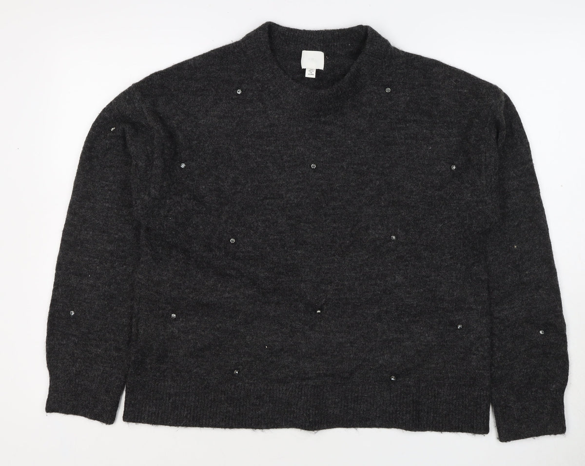 H&M Women Grey Size 10 Jewel Detail Crew Neck Knit Jumper
