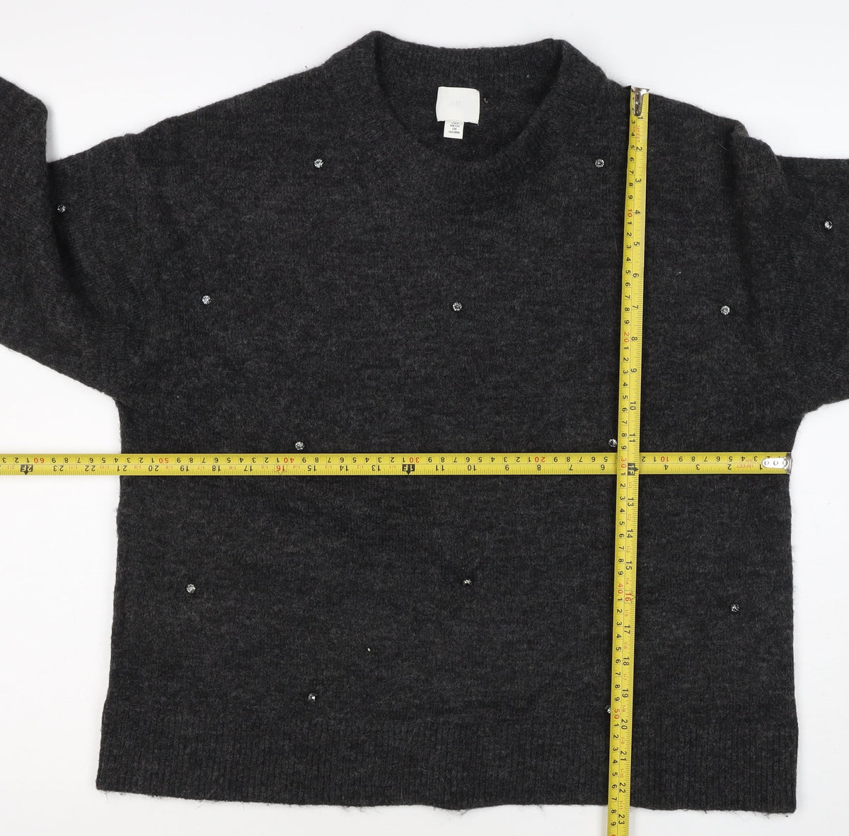 H&M Women Grey Size 10 Jewel Detail Crew Neck Knit Jumper