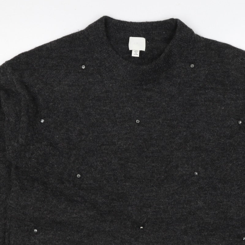 H&M Women Grey Size 10 Jewel Detail Crew Neck Knit Jumper