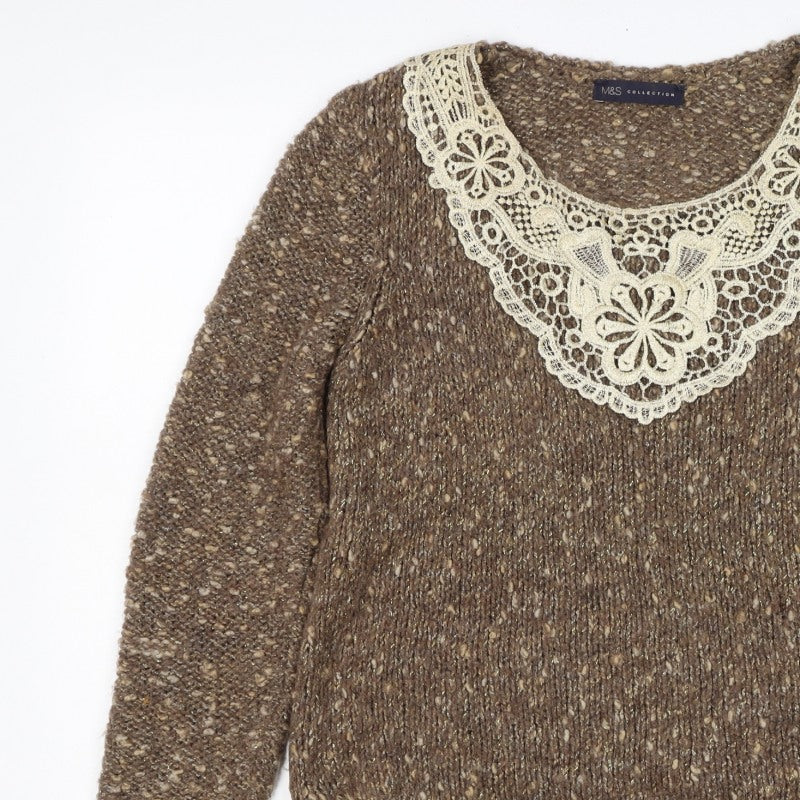 Marks and Spencer Women's Brown UK 12 Chunky Knit Lace Pullover Jumper