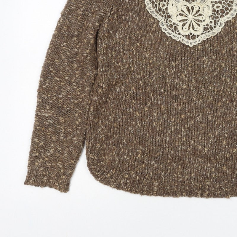 Marks and Spencer Women's Brown UK 12 Chunky Knit Lace Pullover Jumper
