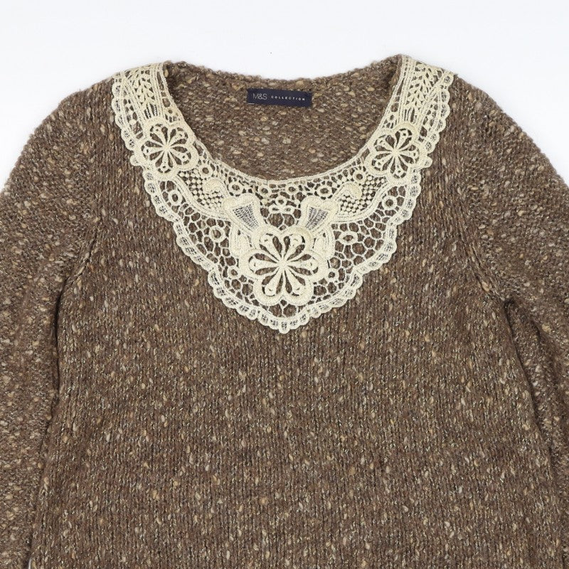 Marks and Spencer Women's Brown UK 12 Chunky Knit Lace Pullover Jumper