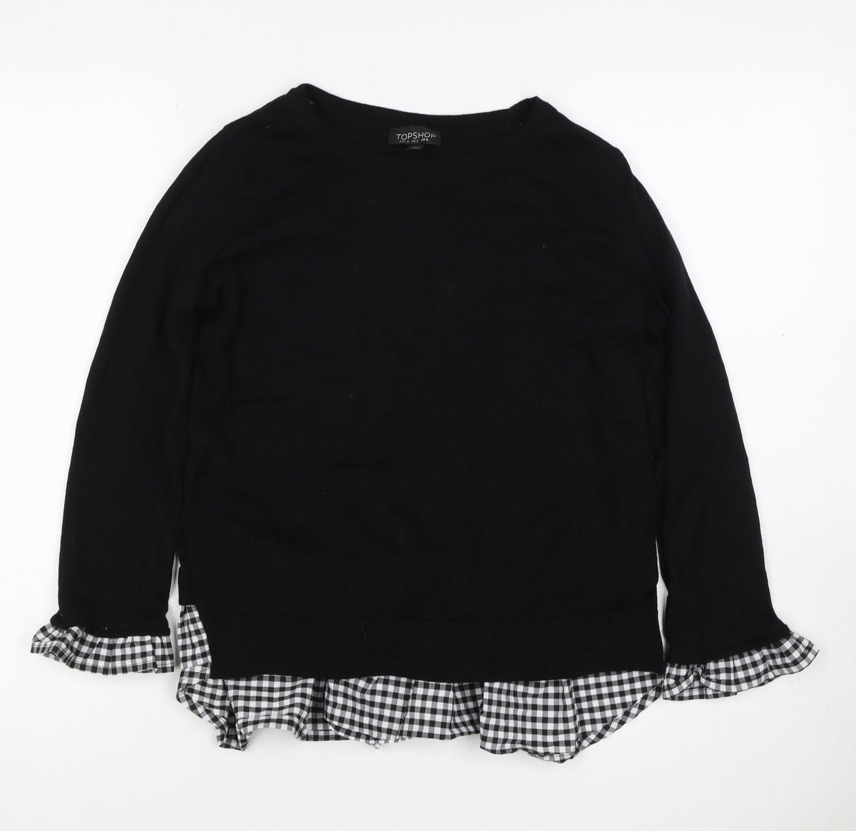 Topshop Women Black UK 6 Knit Gingham Ruffle Hem Jumper