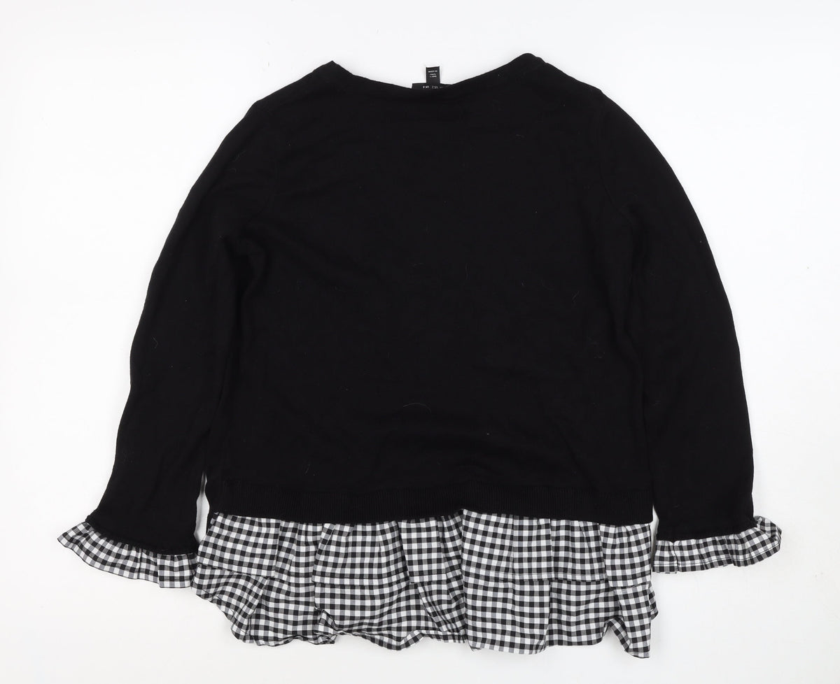 Topshop Women Black UK 6 Knit Gingham Ruffle Hem Jumper