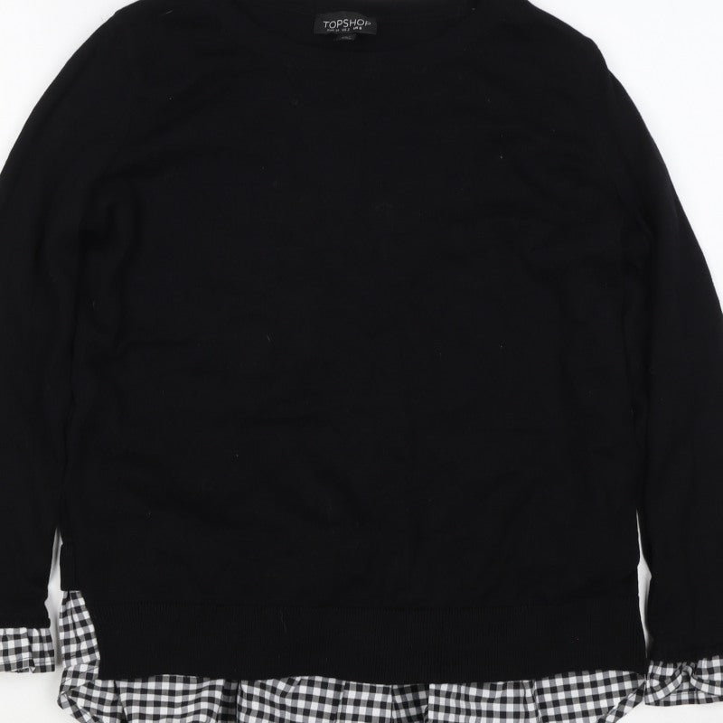 Topshop Women Black UK 6 Knit Gingham Ruffle Hem Jumper