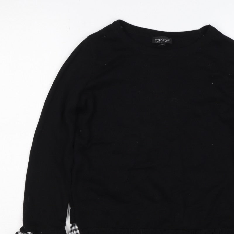 Topshop Women Black UK 6 Knit Gingham Ruffle Hem Jumper