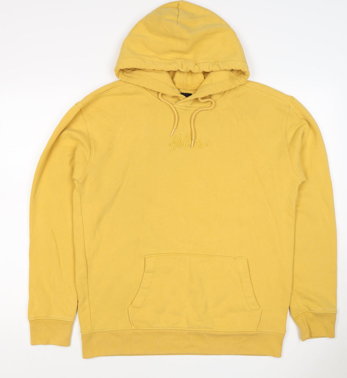 Back view of Hollister Men’s Yellow M Pullover Hoodie Logo Fleece Kangaroo Pocket