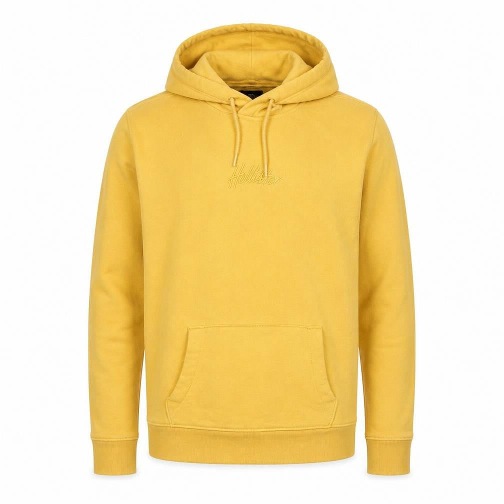 Front view of Hollister Men’s Yellow M Pullover Hoodie Logo Fleece Kangaroo Pocket