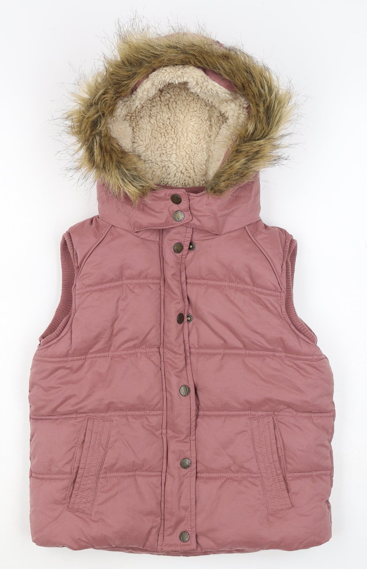 Back view of FatFace girls’ pink 8-9 years hooded padded faux fur waistcoat gilet