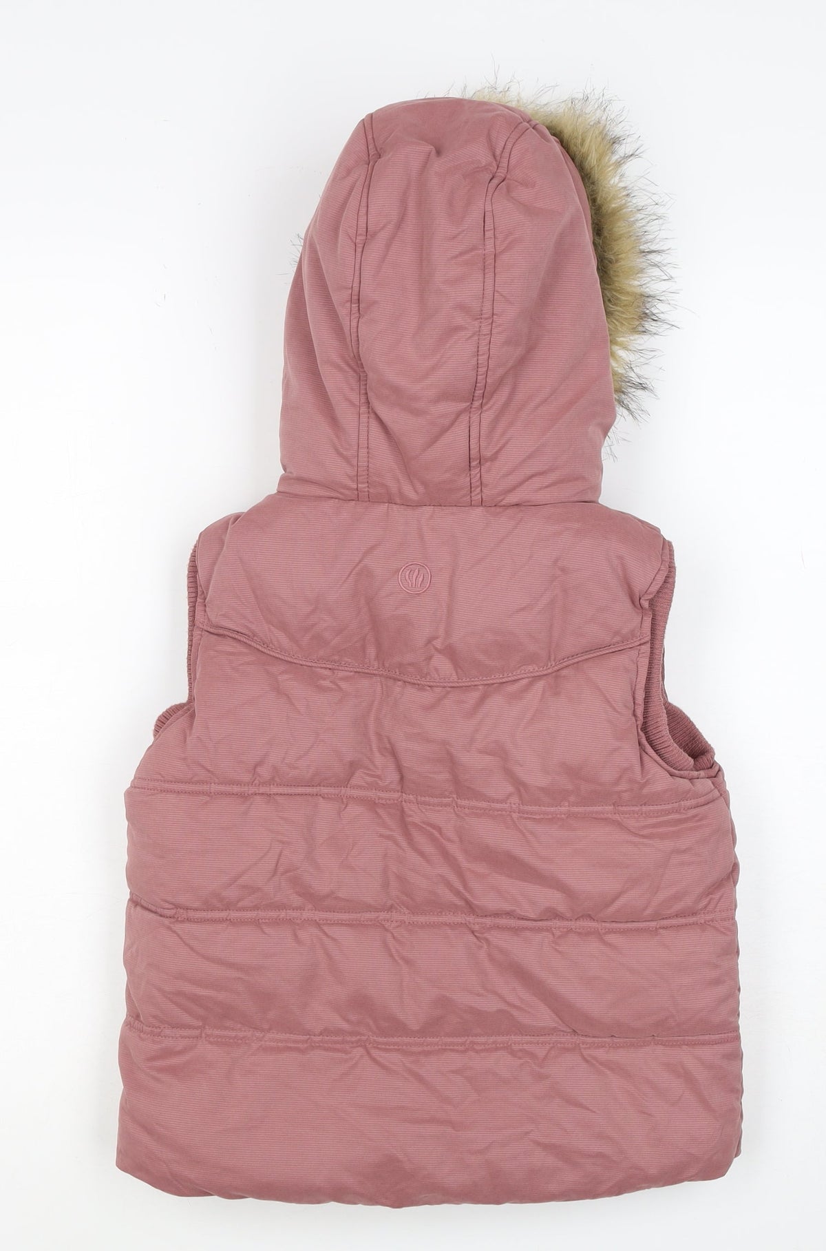 Close-up detail of FatFace girls’ pink 8-9 years hooded padded faux fur waistcoat gilet