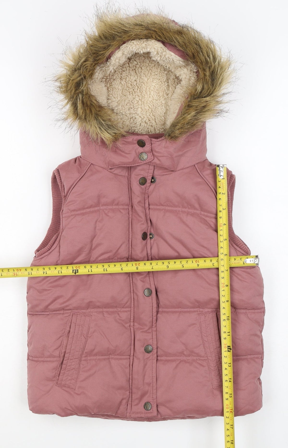 Brand and care label for FatFace girls’ pink 8-9 years hooded padded faux fur waistcoat gilet