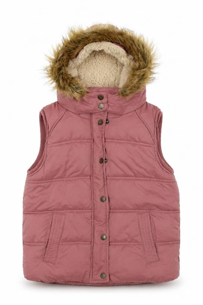 Front view of FatFace girls’ pink 8-9 years hooded padded faux fur waistcoat gilet