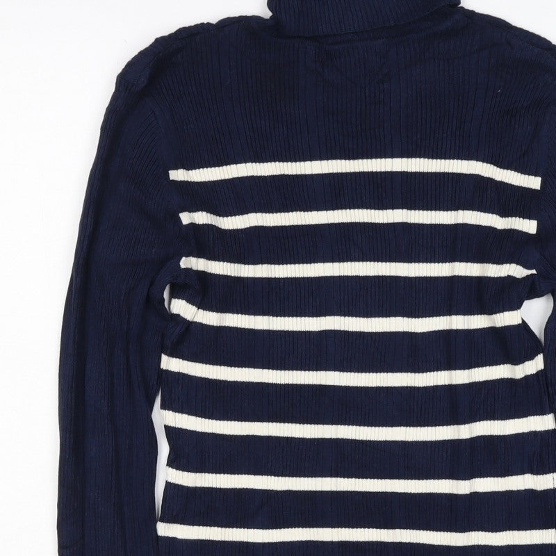 Marks & Spencer Women Blue Stripe Roll Neck Rib Knit Jumper UK 12