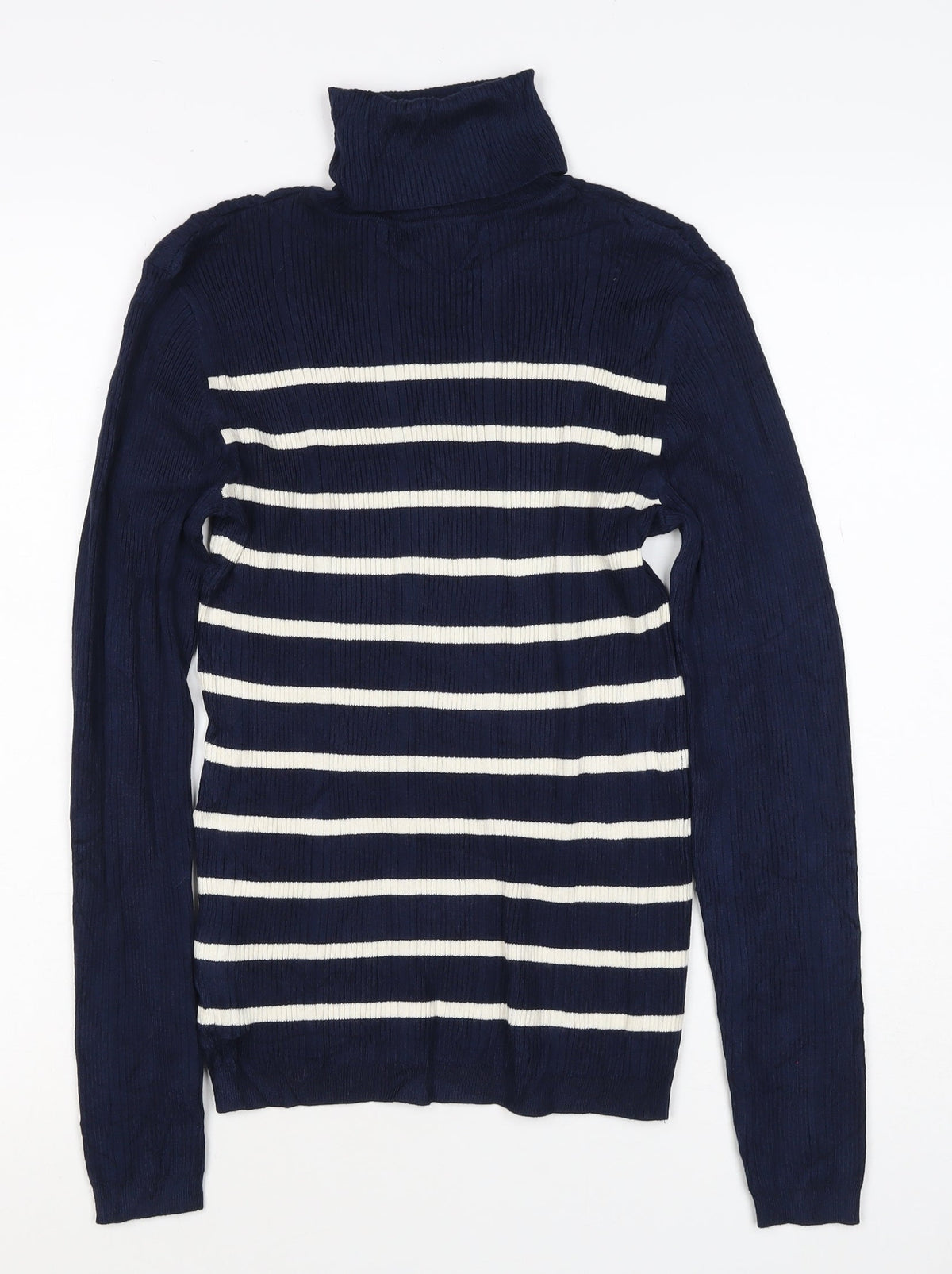 Marks & Spencer Women Blue Stripe Roll Neck Rib Knit Jumper UK 12