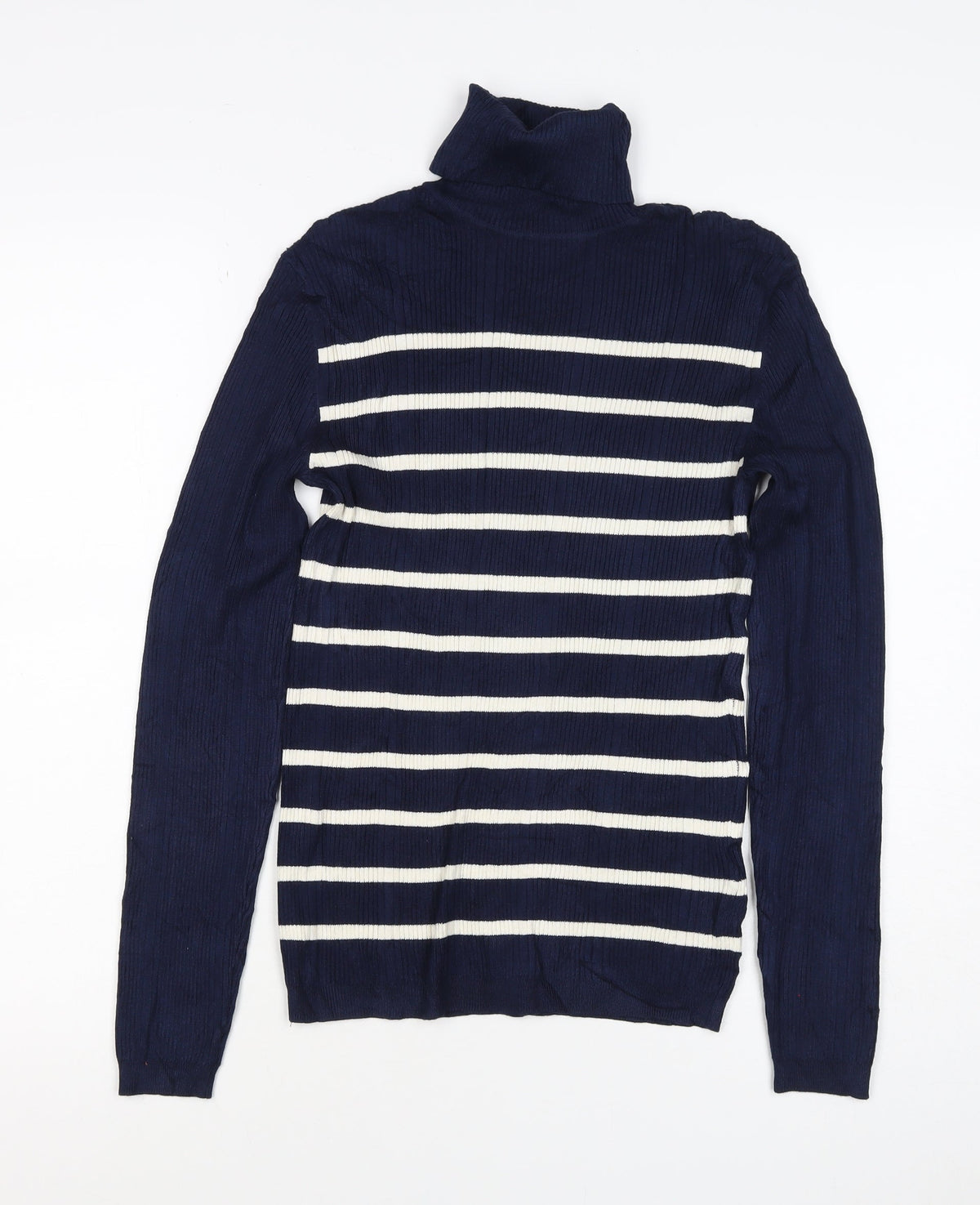 Marks & Spencer Women Blue Stripe Roll Neck Rib Knit Jumper UK 12