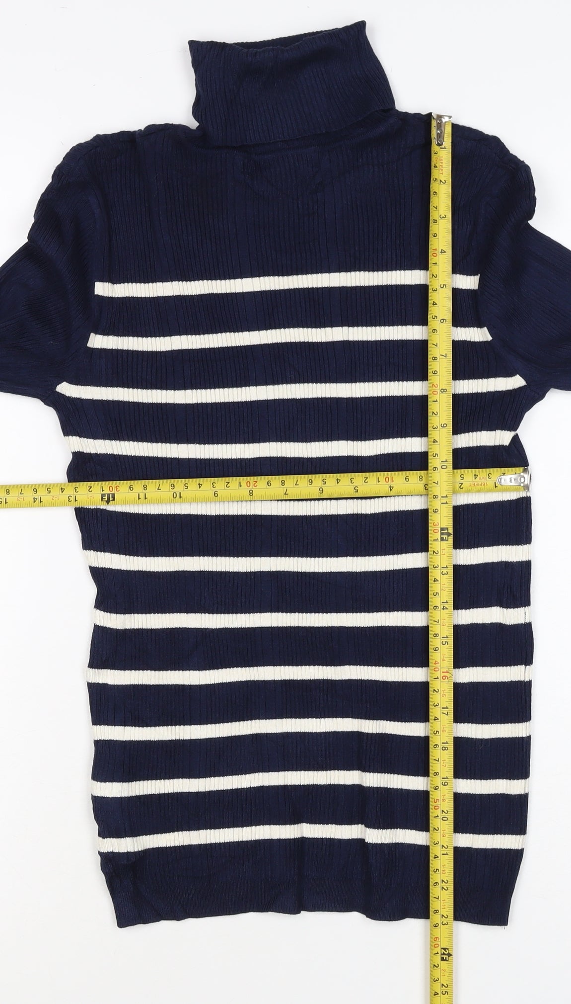 Marks & Spencer Women Blue Stripe Roll Neck Rib Knit Jumper UK 12
