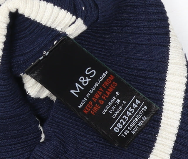 Marks & Spencer Women Blue Stripe Roll Neck Rib Knit Jumper UK 12