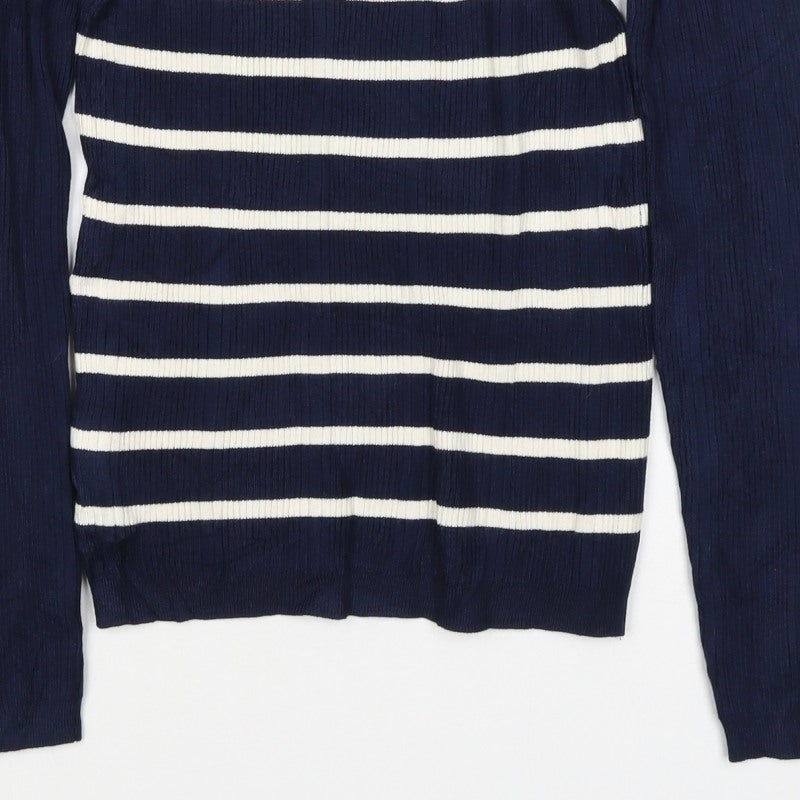 Marks & Spencer Women Blue Stripe Roll Neck Rib Knit Jumper UK 12