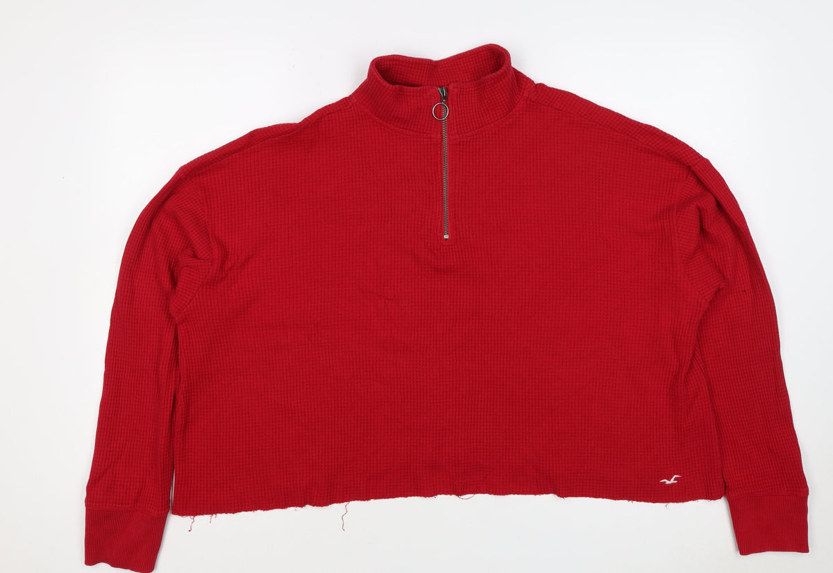Hollister Women Red L 1/4 Zip High Neck Cotton Sweatshirt