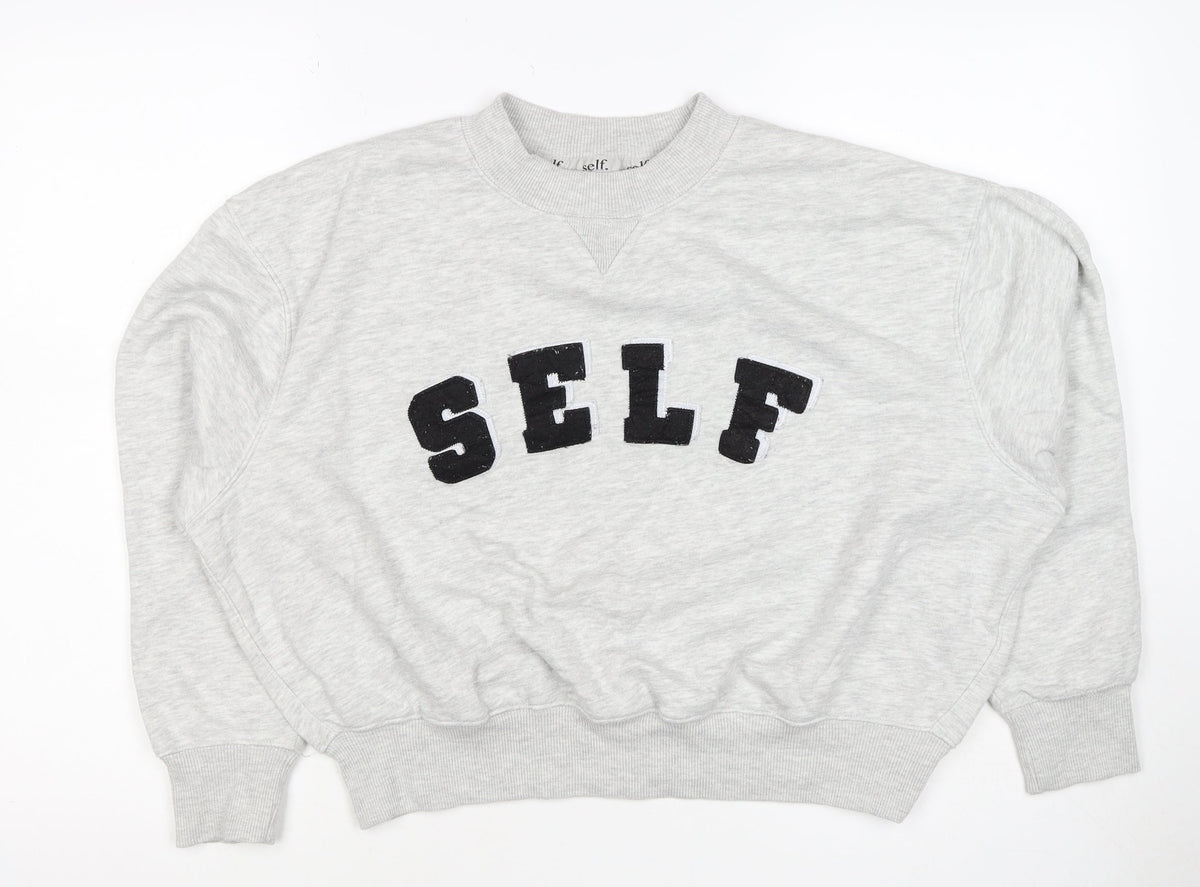 Self. Women’s Grey XS Logo Appliqué Crew Neck Pullover Sweatshirt