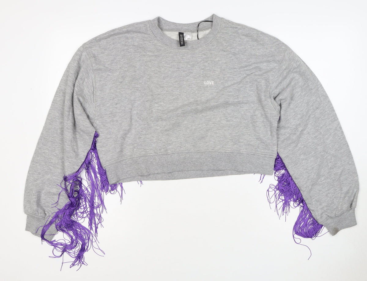 H&M Divided Women's Grey Purple Fringe Love Sweatshirt UK 8 Cropped