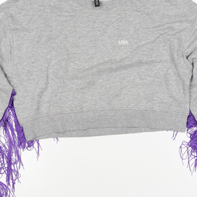 H&M Divided Women's Grey Purple Fringe Love Sweatshirt UK 8 Cropped