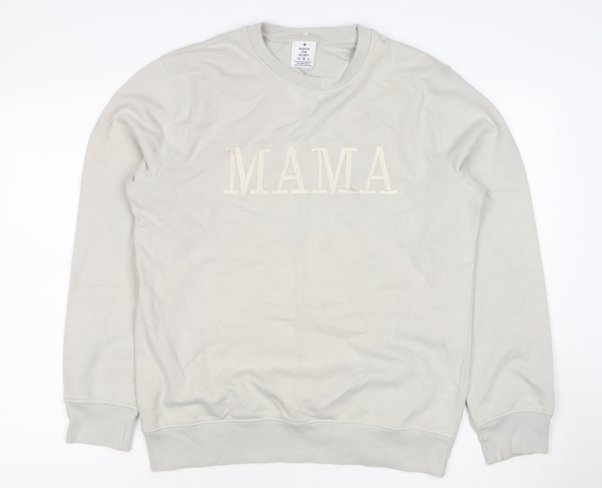 Rock On Ruby Women’s Beige MAMA Embroidered Crew Neck Sweatshirt M