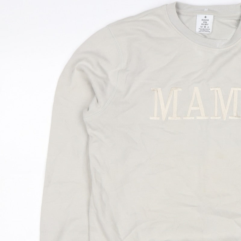 Rock On Ruby Women’s Beige MAMA Embroidered Crew Neck Sweatshirt M
