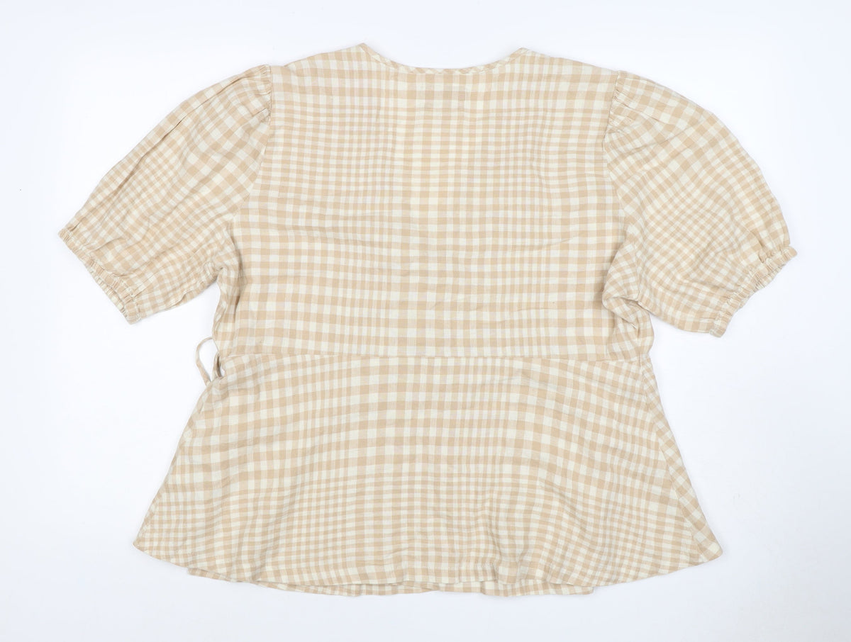 Linen Blend Women’s Beige Check Wrap Blouse UK 18 Puff Sleeve