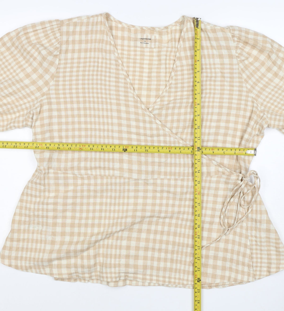 Linen Blend Women’s Beige Check Wrap Blouse UK 18 Puff Sleeve