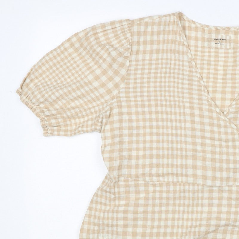 Linen Blend Women’s Beige Check Wrap Blouse UK 18 Puff Sleeve