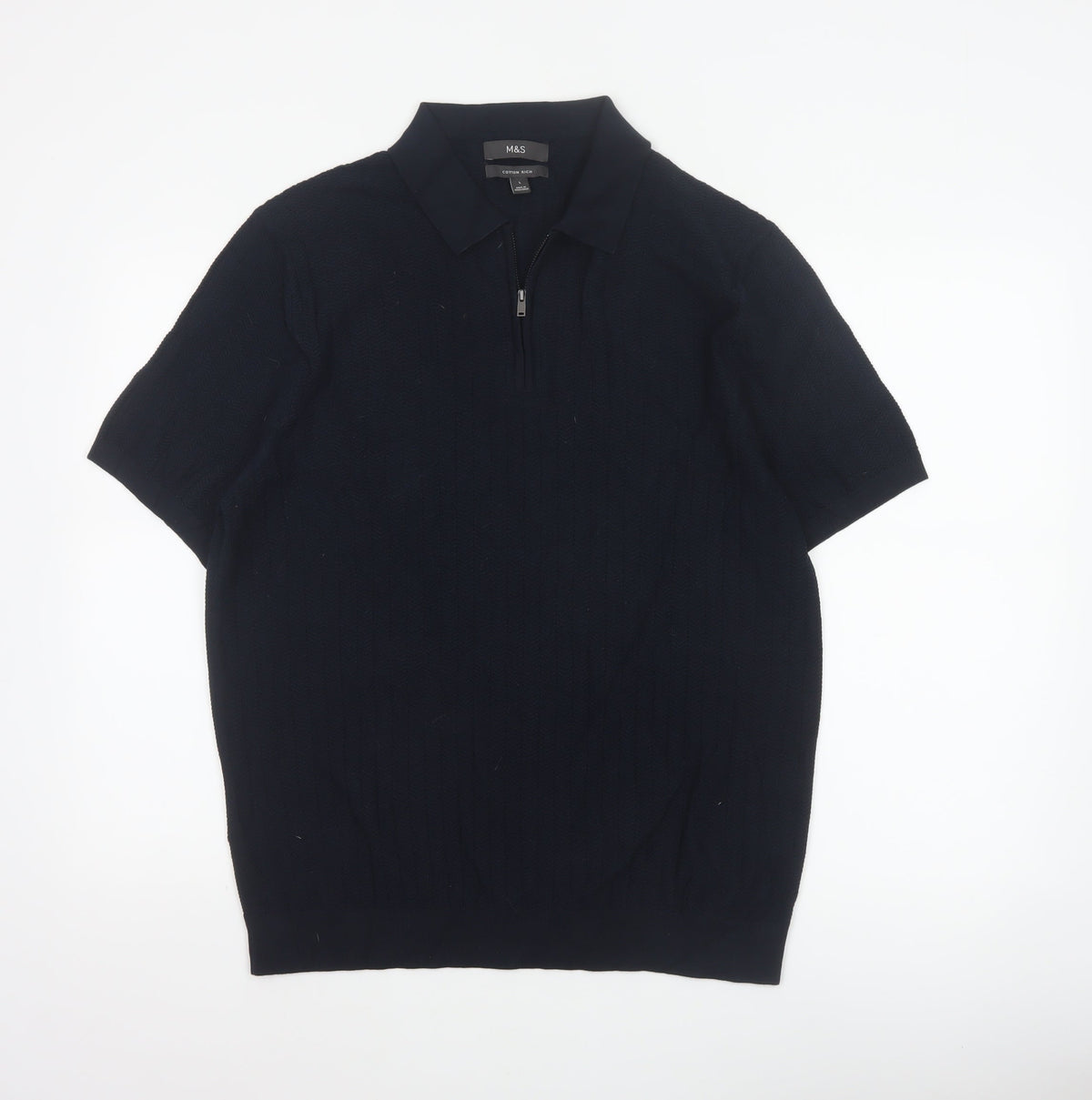 Marks and Spencer Men Black L Herringbone Knit 1/4 Zip Polo