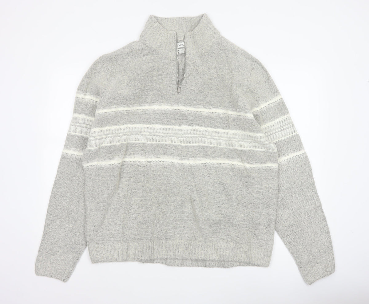 Marks & Spencer Men Grey XL Wool Blend 1/2 Zip Striped Jumper