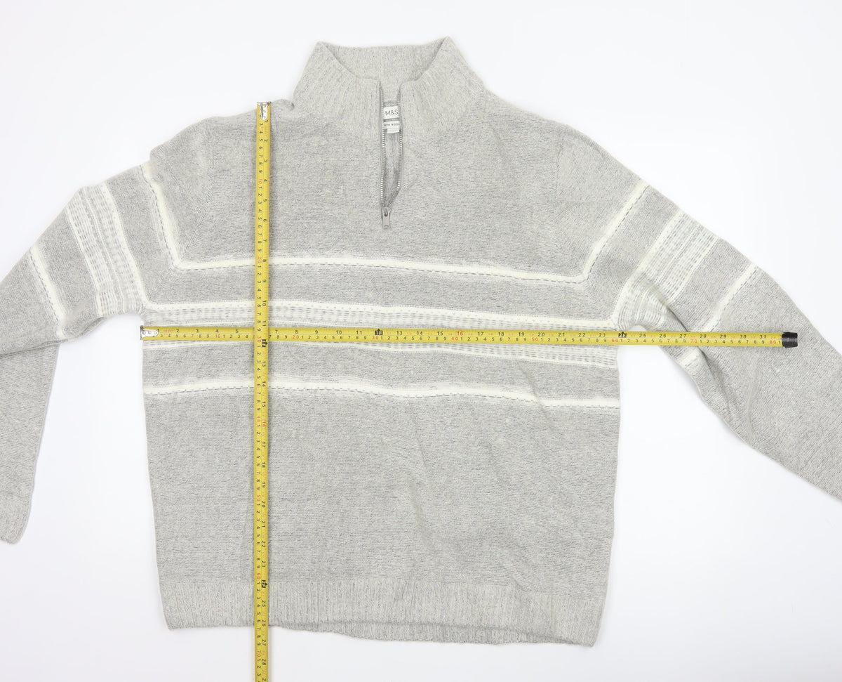 Marks & Spencer Men Grey XL Wool Blend 1/2 Zip Striped Jumper