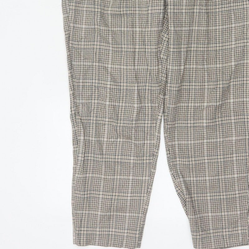 New Look Women’s Beige Check Paperbag Tapered Trousers UK 10 Belted