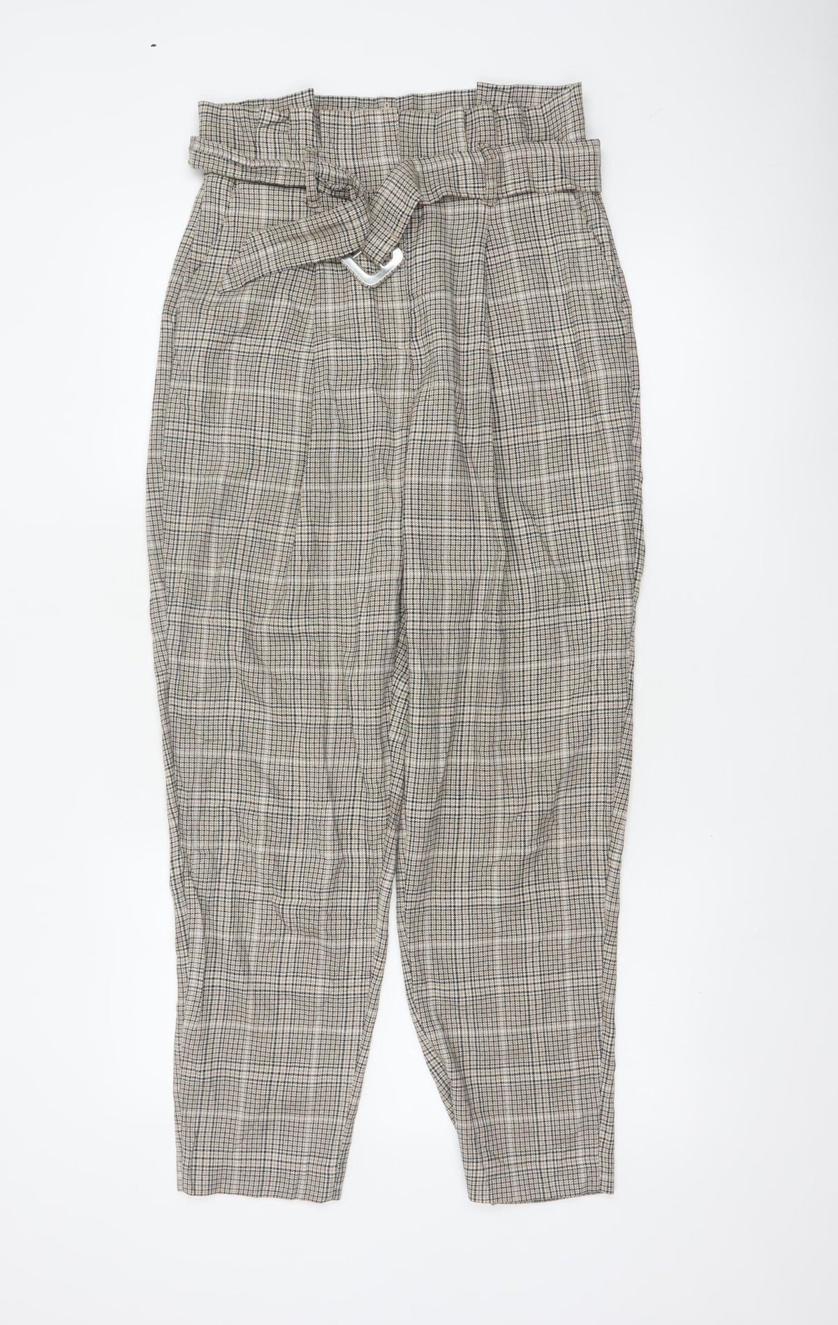 New Look Women’s Beige Check Paperbag Tapered Trousers UK 10 Belted