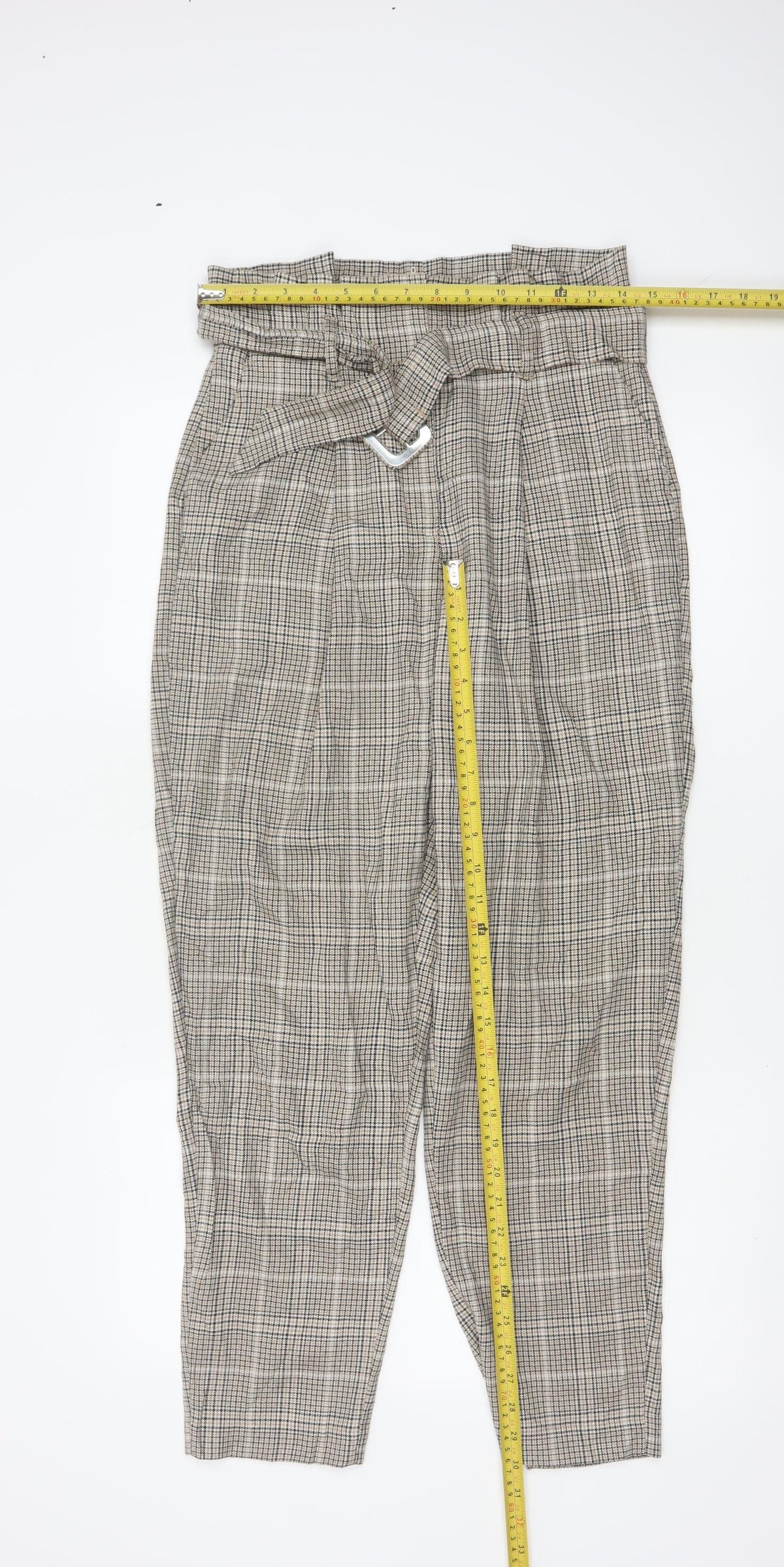 New Look Women’s Beige Check Paperbag Tapered Trousers UK 10 Belted