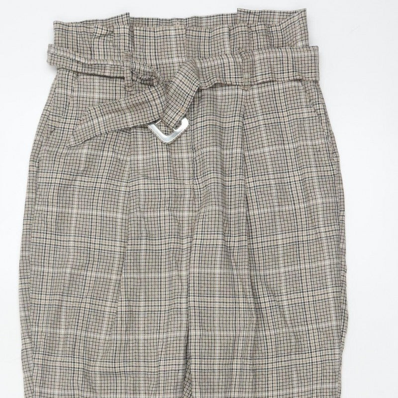 New Look Women’s Beige Check Paperbag Tapered Trousers UK 10 Belted
