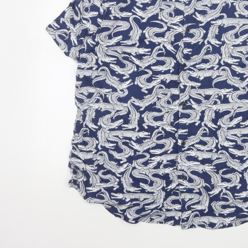 Marks and Spencer Men Blue L Crocodile Print Viscose Short Sleeve Shirt