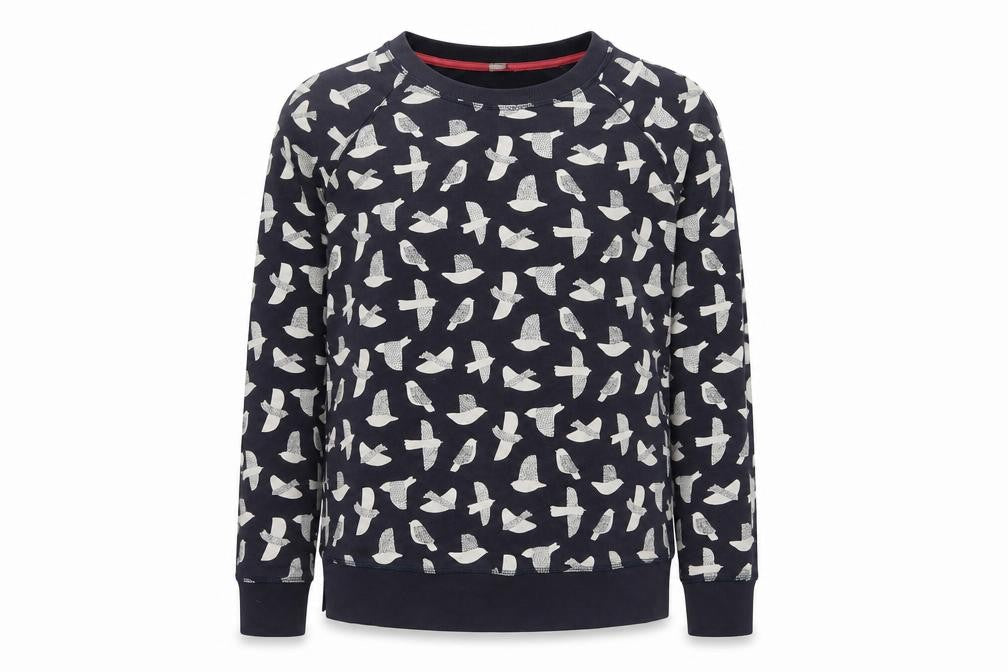 Boden Women’s Blue Bird Print Cotton Sweatshirt Size S Crew Neck