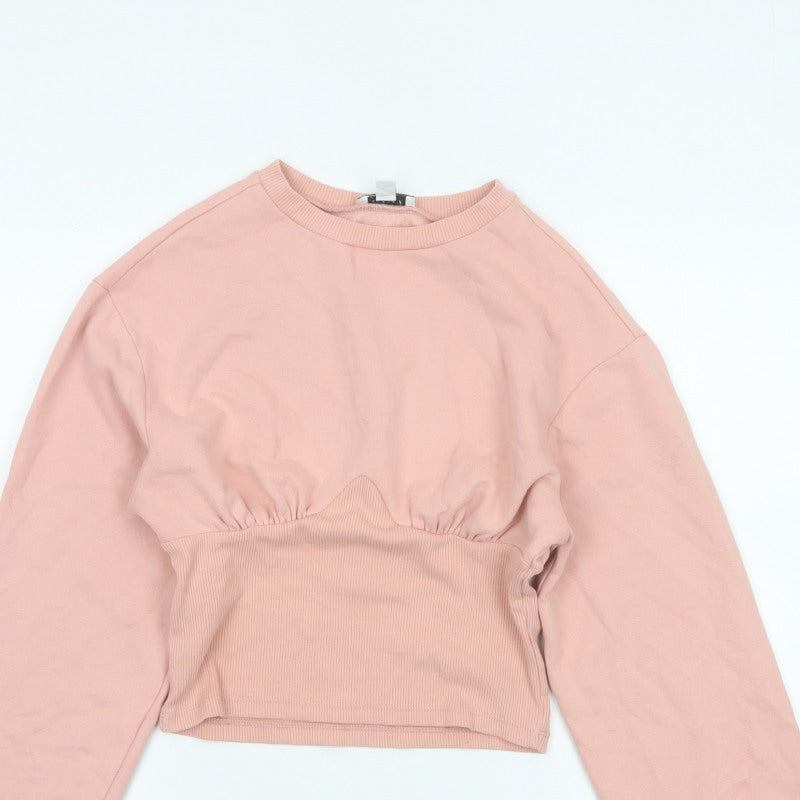 Topshop Women Pink UK 12 Cropped Crew Neck Long Sleeve Sweatshirt Top
