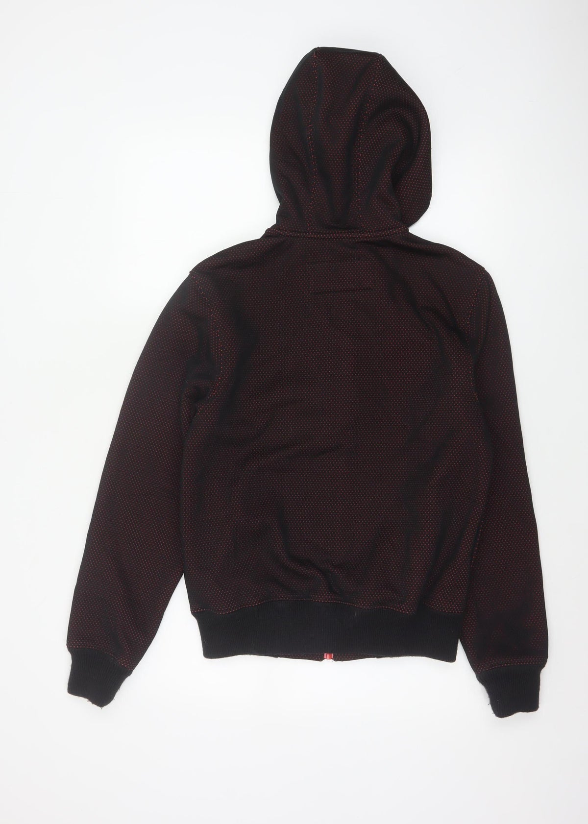 Brand and care label for Avirex USA Men's Black Red S Full Zip Hooded Fleece Logo Hoodie
