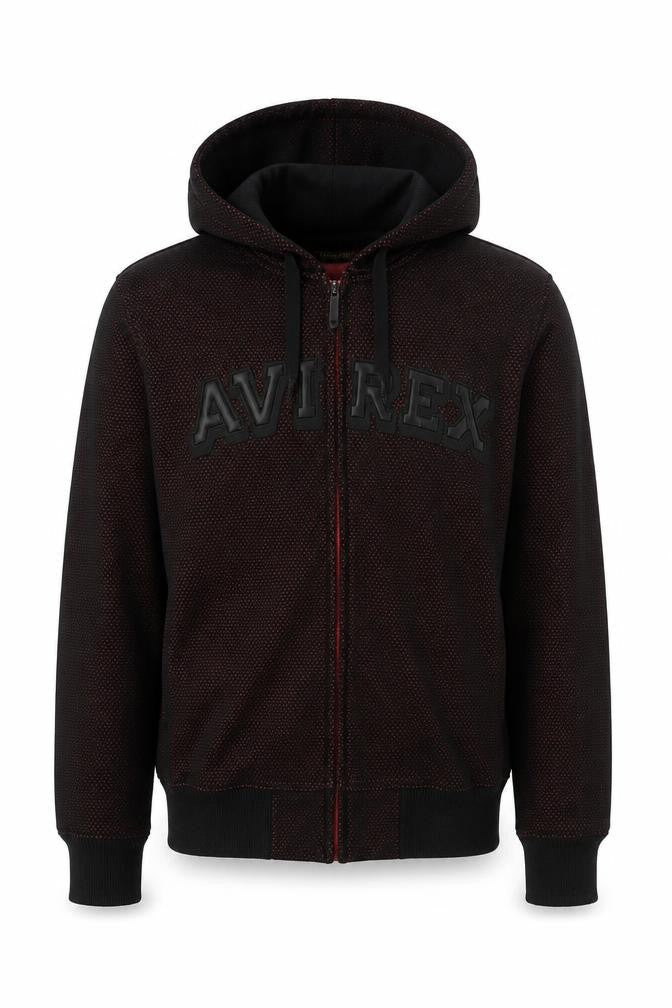 Front view of Avirex USA Men's Black Red S Full Zip Hooded Fleece Logo Hoodie