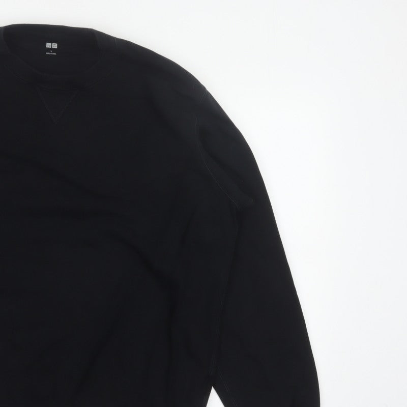 Uniqlo Men’s Black L Cotton Blend Crew Neck Pullover Sweatshirt Pockets