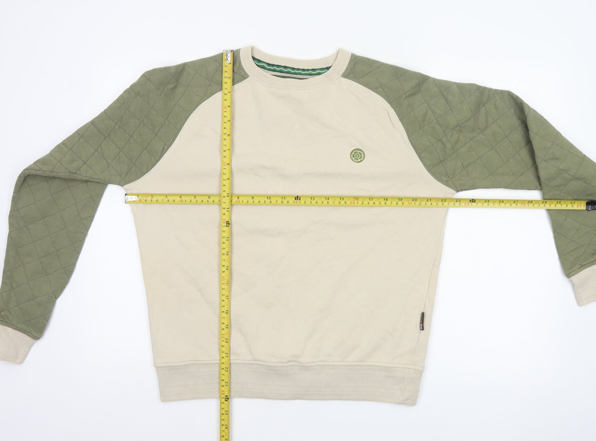Nicholas Deakins Men's Beige Green M Quilted Sleeve Crew Neck Sweatshirt