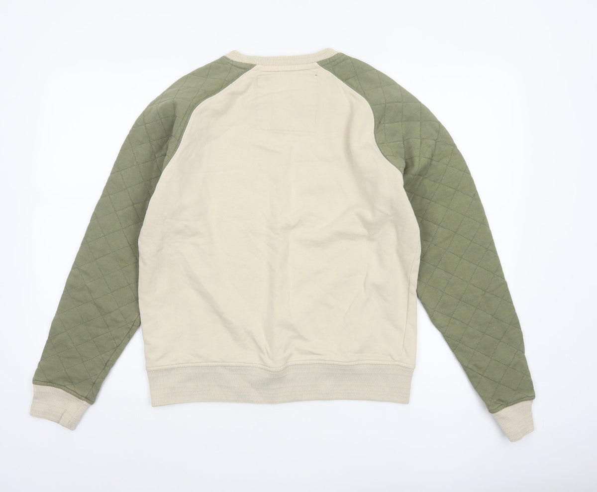 Nicholas Deakins Men's Beige Green M Quilted Sleeve Crew Neck Sweatshirt