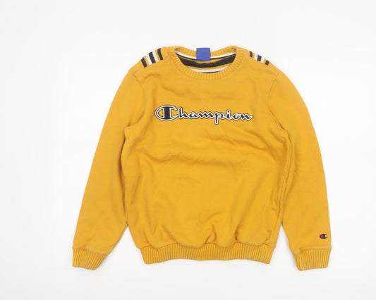 Back view of Champion boys’ yellow 11-12 years logo crew neck pullover sweatshirt